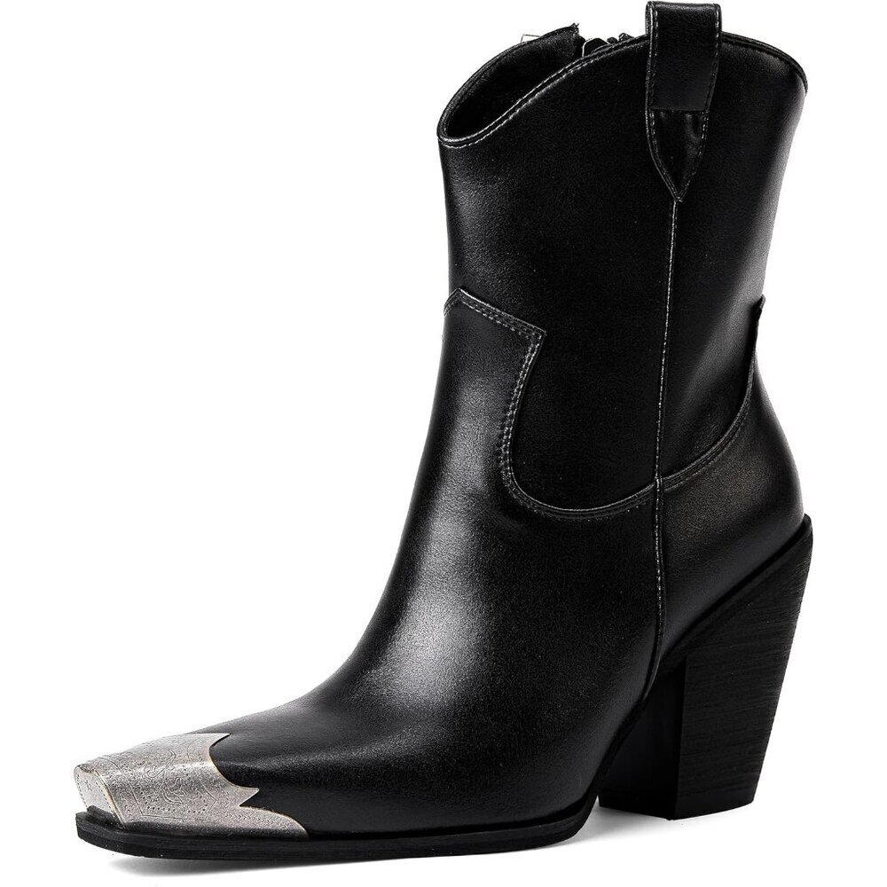 Women's Black 1 Engraved Steel Toe Cowgirl Boots Stacked Block Heels Short Boots
